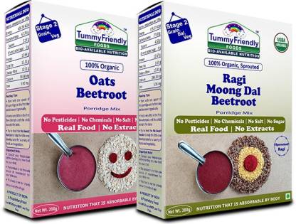 TummyFriendly Foods Certified 100% Organic Oats, Beetroot and Organic Sprouted Ragi, MoongDal, Beetroot Porridge Mixes,200g Each, 2 Packs Cereal (400 g, Pack of 2)