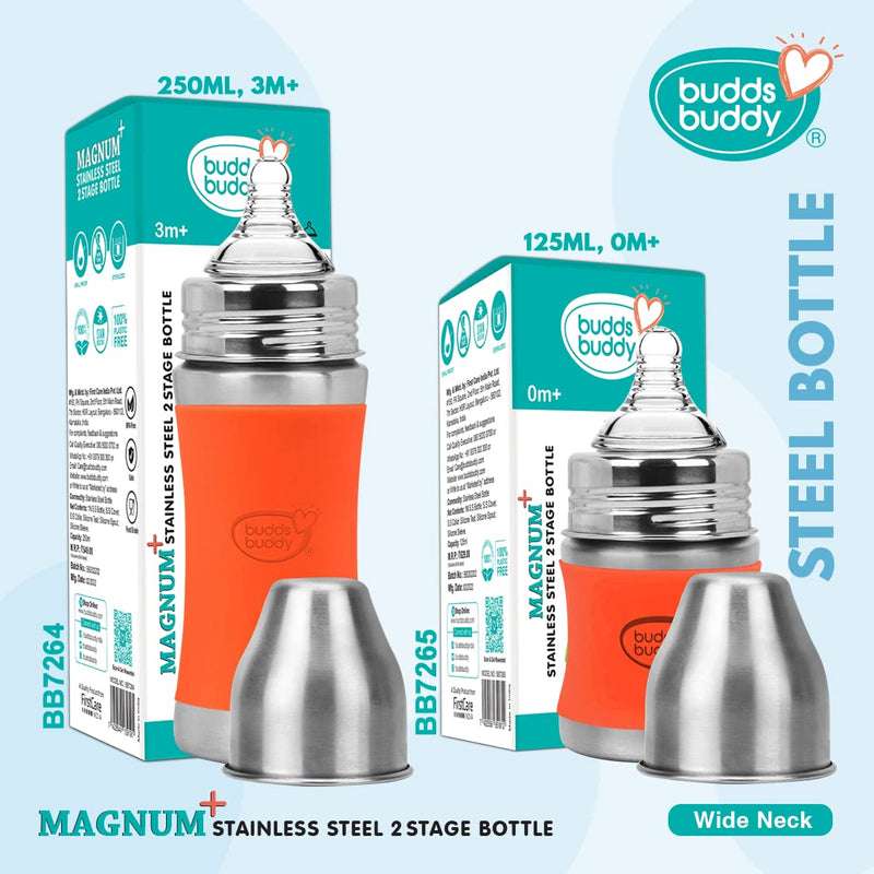 Buddsbuddy Magnum Plus Stainless Steel 2 in 1 Wide Neck Baby Feeding Bottle with Extra Spout Sipper, 250ml, Orange The Kids Circle