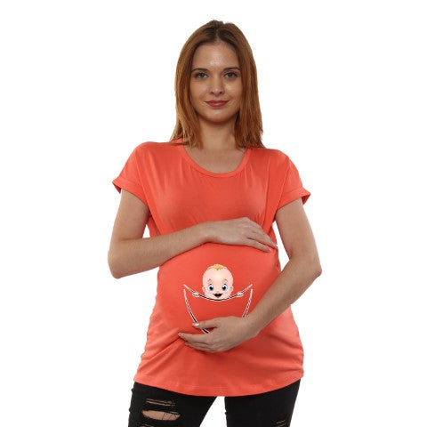 Silly Boom Women Pregnancy Tshirt with Boy Peeking Printed Design