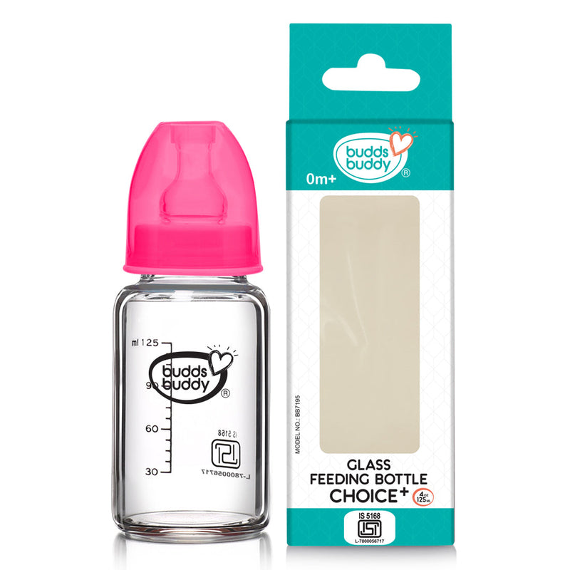 Buddsbuddy Choice+ Glass Baby Feeding Bottle - 125ml(pink)