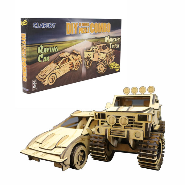 Clapjoy 3D Wooden Puzzle Monster Truck and Racing Car Combo for kids of age 6 years and Above
