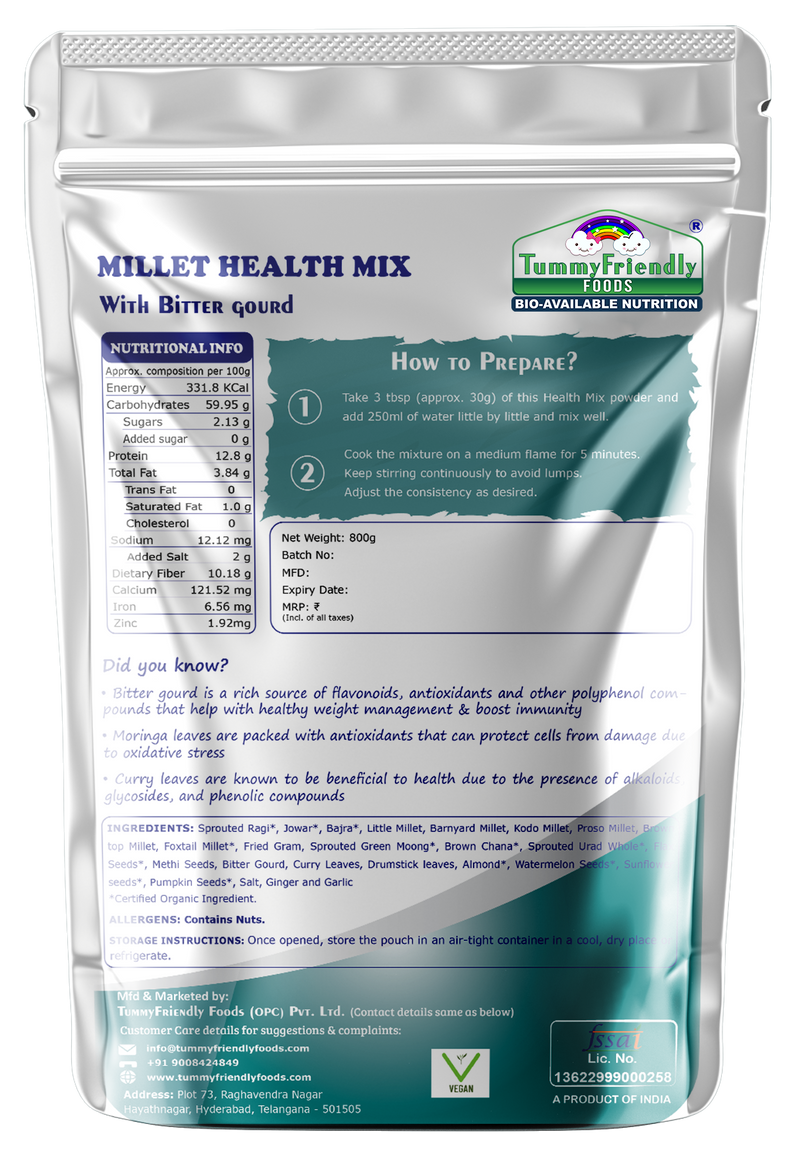 TummyFriendly Foods Organic Millet Health Mix With Bittergourd, Methi Seeds, Moringa Leaves 800 g
