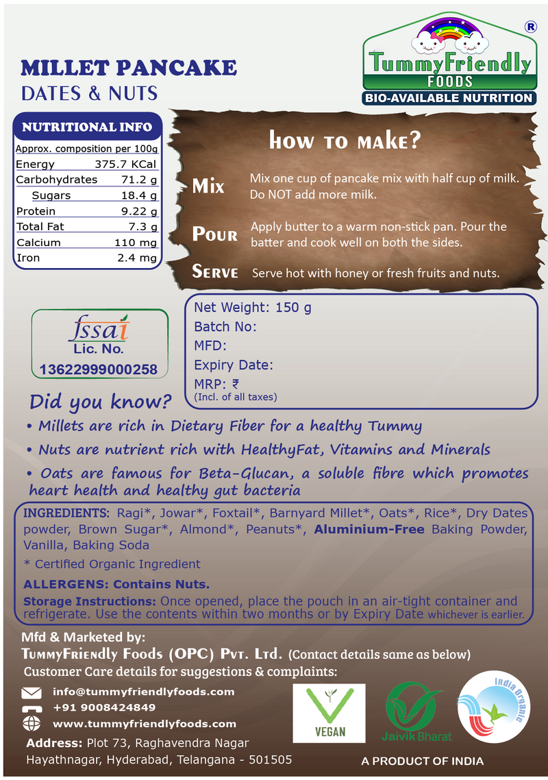 TummyFriendly Foods Millet Pancake Mix - Veggies, Dates, Nuts. HealthyBreakfast. 2 Packs 150g Each Cocoa Powder (2 x 150 g)