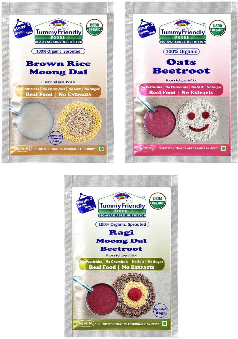 TummyFriendly Foods Certified Organic Stage2 Sprouted Porridge Mixes Trial Packs | Organic Baby Food for 6 Months Old | Sprouted Ragi, Sprouted Brown Rice, Oats, Dal & Vegetable | 50g Each, Cereal (150 g, Pack of 3)