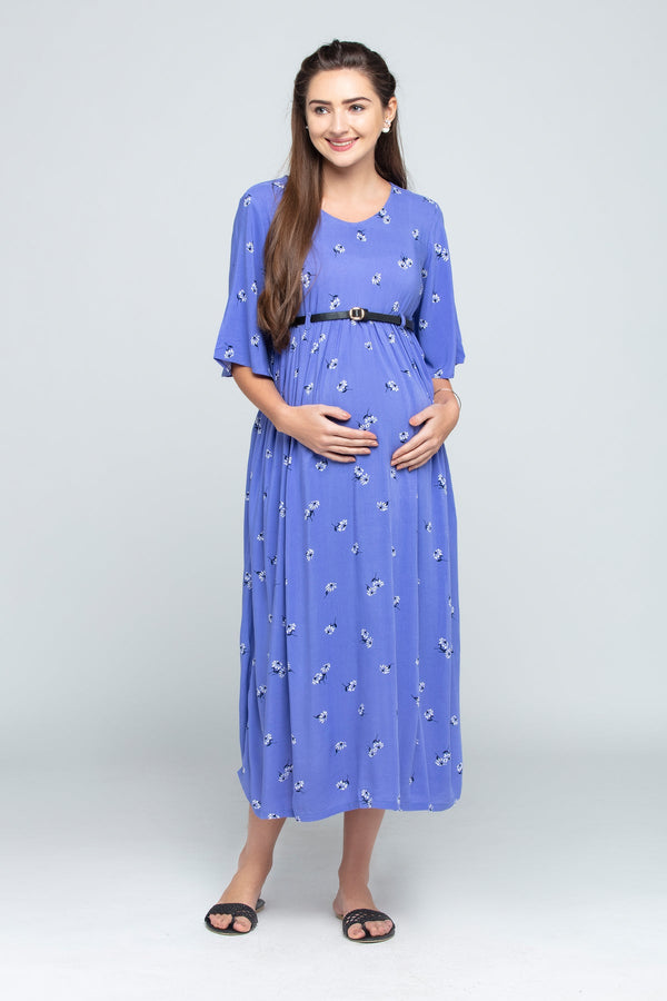 Charismomic Half Sleeves Flower Print Maternity Dress - purple