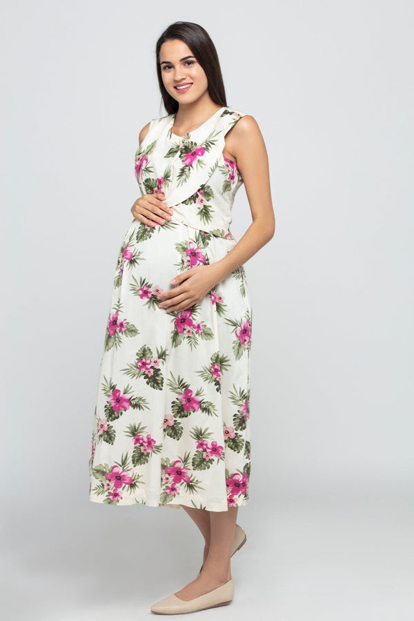 Charismomic Sleeveless Tropical Efflorescent Print Maternity Nursing Dress - White