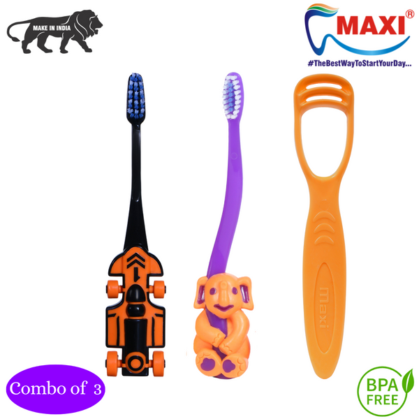 Maxi Oral Care Junior Pack Of 3-1 Zoom Car Junior Toothbrush & 1 Bingo Junior Toothbrush & (1  Tc) 1 Number Tongue Cleaner