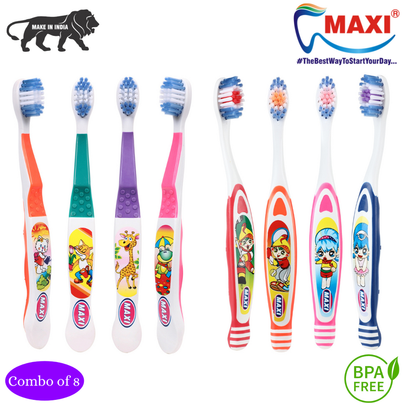 Maxi Oral Care Junior Pack Of 8-(4 Kids) Dolls Junior Toothbrush & (4 Kids) Bunty Bubli Junior Toothbrush