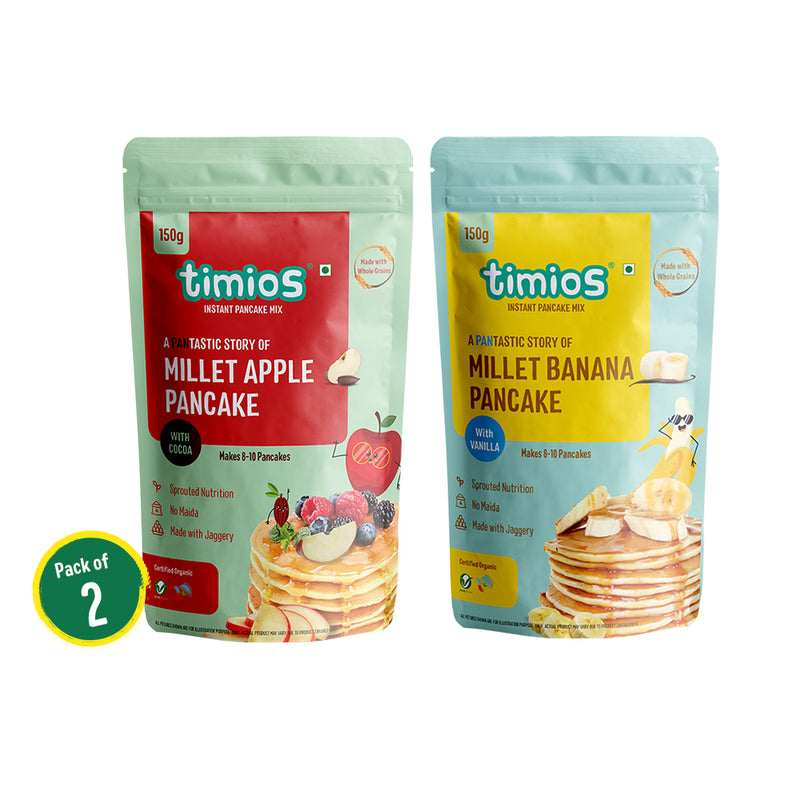 Timios Organic No Maida Millet Pancake Mix-Apple& Banana Combo |Made with Whole Grains, Jaggery and Sprouted Nutrition| Instant and Healthy Breakfast,300gm