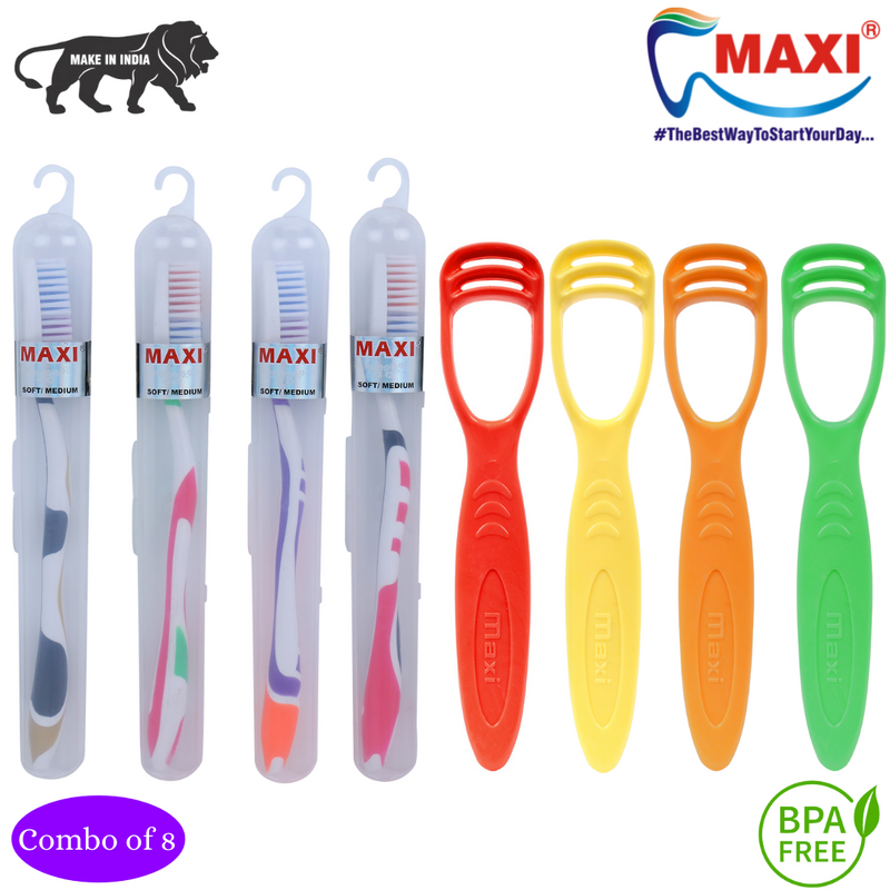 Maxi Oral Care Travel Pack Of 8-(4 Travel Packs) For You Toothbrush & (4 Tc) 1 Number Tongue Cleaner