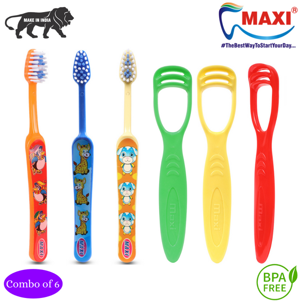 Maxi Oral Care Junior Pack Of 6-(3 Kids) Tomtom Junior Toothbrush & (3 Tc) 1 Number Tongue Cleaner