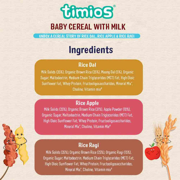 Timios Milk Based Baby Cereal - 6+ Months Assorted- Rice Dal, Rice Ragi, Rice Apple