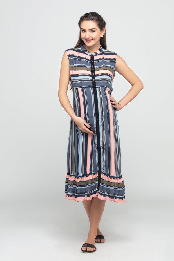 Charismomic Sleeveless Striped Maternity Nursing Dress - Multi Color