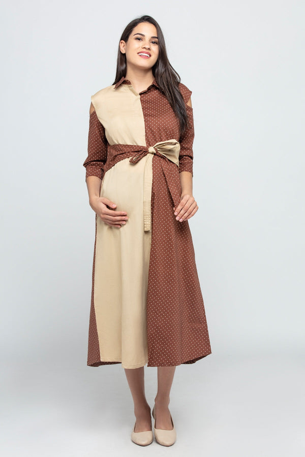 Charismomic Three Fourth Sleeves From Work To Playdates Maternity Nursing Midi Dress - Brown