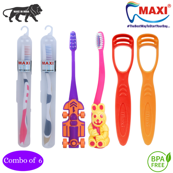 Maxi Family Oral Care Combo Of 6-1 Zoom Car Junior Toothbrush & 1 Bingo Junior Toothbrush & (2 Adult) For You Toothbrush & (2  Tc) 1 Number Tongue Cleaner