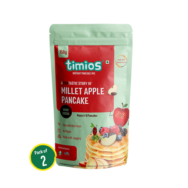 Timios Organic No Maida Millet Pancake Mix-Apple with Cocoa(Pack of 2)|Made with Whole Grains, Jaggery and Sprouted Nutrition| Instant and Healthy Breakfast,300gm