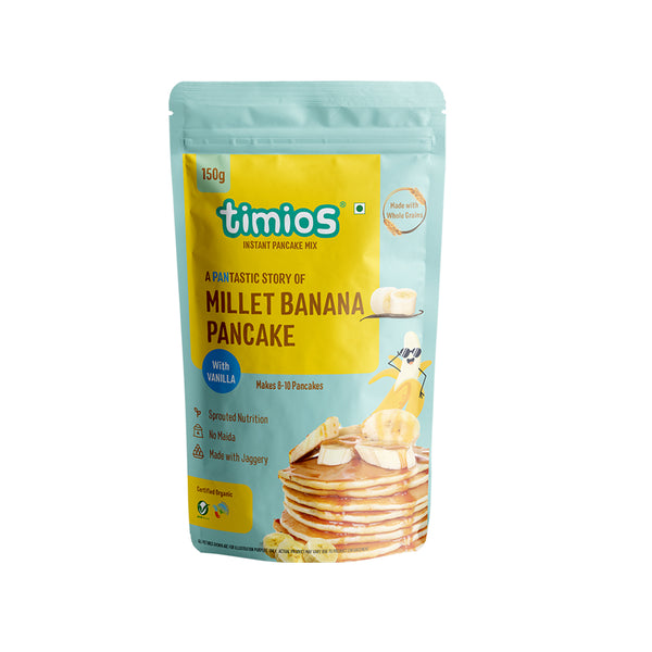 Timios Organic No Maida Millet Pancake Mix-Banana with Vanilla (Pack of 2)| Made with Whole Grains, Jaggery and Sprouted Nutrition| Instant and HealthyBreakfast,300gm