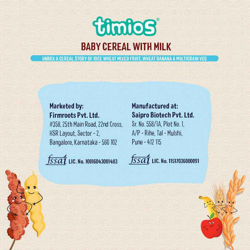 Timios Milk Based Baby Cereal - 8+ Months Assorted- Rice Wheat Mixed Fruit, Wheat Banana, Multigrain Veg