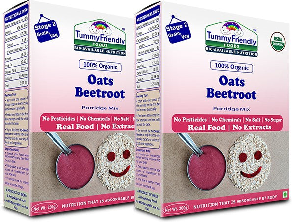 TummyFriendly Foods Certified 100% Organic Oats, Beetroot Porridge Mix , Organic Baby Food for 6 Months Old , Rich in Beta-Glucan, Protein & Fibre, 200g Each, 2 Packs Cereal (400 g, Pack of 2)