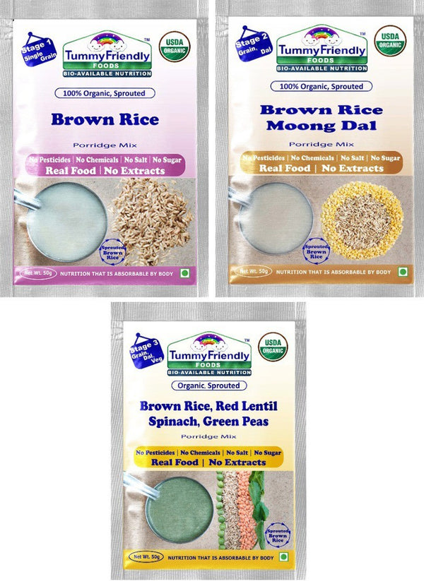 TummyFriendly Foods Certified Brown Rice Porridge Mixes - Stage1, Stage2, Stage3 | Rich in Gamma-Aminobutyric Acid (GABA), Protein |3 Packs, 50g Each Cereal (150 g, Pack of 3)