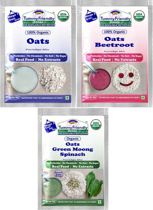 TummyFriendly Foods Certified Oats Porridge Mixes - Stage1, Stage2, Stage3 | Rich in Beta-Glucan, Protein & Fibre|3 Packs, 50g Each Cereal (150 g, Pack of 3)