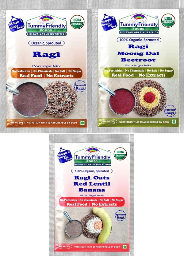 TummyFriendly Foods Certified Ragi Porridge Mixes - Stage1, Stage2, Stage3 | Rich in Calcium, Iron, Fibre & Micro-Nutrients |3 Packs, 50g Each Cereal (150 g, Pack of 3)