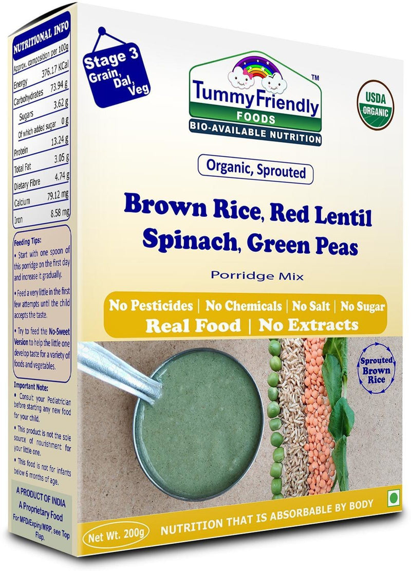 TummyFriendly Foods Certified Organic Sprouted Brown Rice, Red Lentil, Spinach, Green Peas Porridge Mix | Excellent Weight Gain Baby Food| Made of Sprouted Brown Rice | 200g Cereal (200 g)