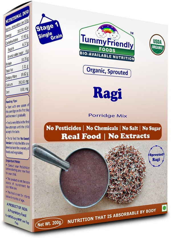 TummyFriendly Foods Certified Organic Sprouted Ragi Porridge Mix | Made of Organic Sprouted Ragi for Baby| Rich in Calcium, Iron, Fibre & Micro-Nutrients | 200g Cereal (200 g)