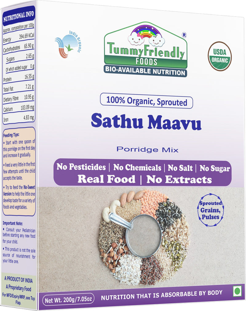 TummyFriendly Foods Certified Organic Sprouted Sathu Maavu Porridge Mix |Made of Sprouted Ragi, Whole Grains, Pulses & Nuts | Rich in Protein & healthy-Fat For Baby Weight Gain| 200g Cereal (200 g)