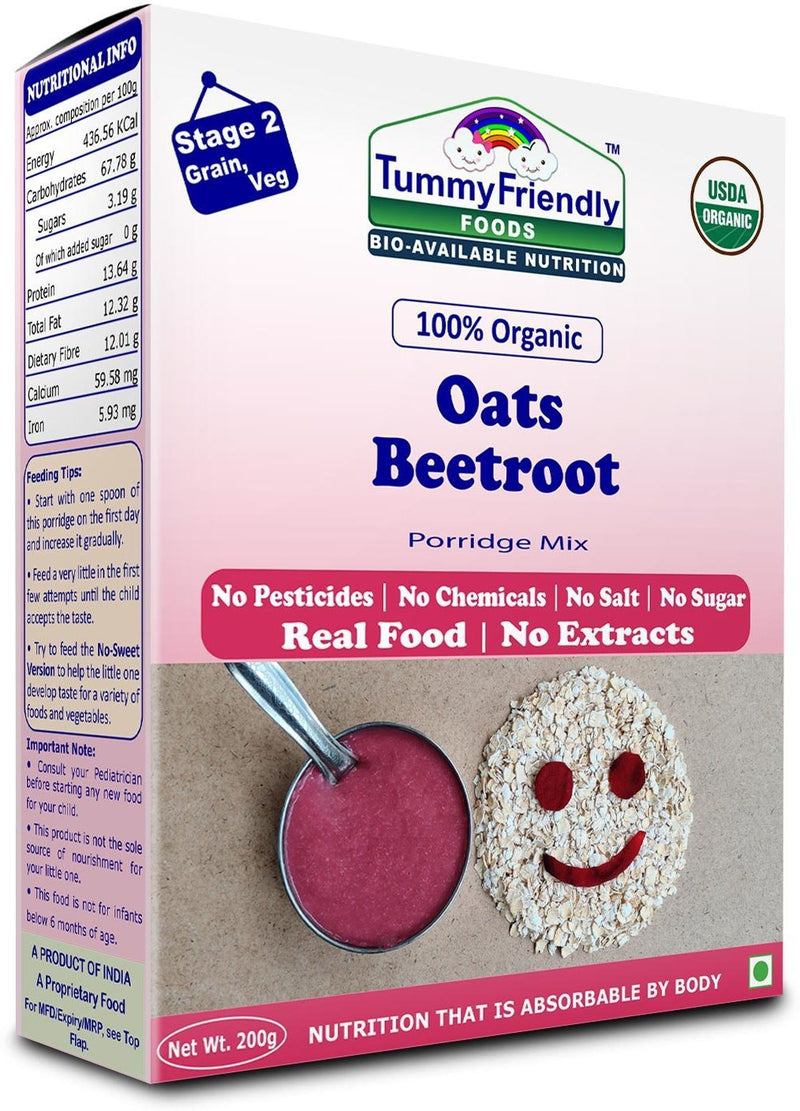 TummyFriendly Foods Certified 100% Organic Oats and Organic Oats, Beetroot Porridge Mixes , Organic Baby Food for 6 Months Old , Rich in Beta-Glucan, Protein & Fibre , 200g Each, 2 Packs Cereal (400 g, Pack of 2)