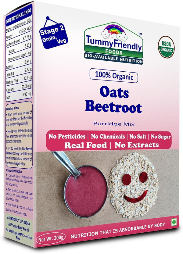 TummyFriendly Foods Certified 100% Organic Oats, Beetroot Porridge Mix | Organic Baby Food for 6 Months Old | Rich in Beta-Glucan, Protein & Fibre| 200g Cereal (200 g)