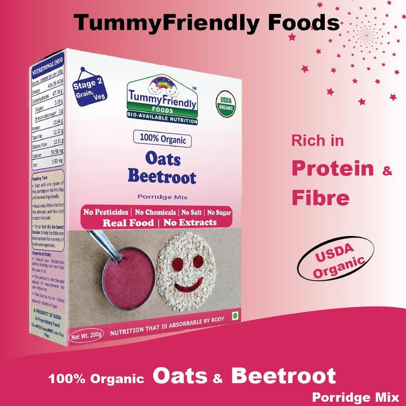 TummyFriendly Foods Certified 100% Organic Oats, Beetroot Porridge Mix | Organic Baby Food for 6 Months Old | Rich in Beta-Glucan, Protein & Fibre| 200g Cereal (200 g)