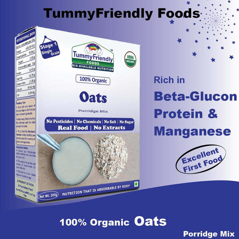 TummyFriendly Foods Certified 100% Organic Oats Porridge Mix , Organic Baby Food for 6 Months Old , Rich in Beta-Glucan, Protein & Fibre , 200g Each, 2 Packs Cereal (400 g, Pack of 2)