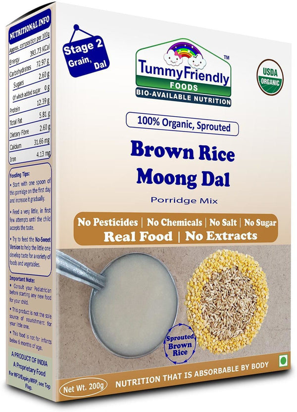 TummyFriendly Foods Certified 100% Organic Sprouted Brown Rice, Moong Dal Porridge Mix |Excellent Weight Gain Baby Food|Made of Sprouted Whole Grain Brown Rice | 200g Cereal (200 g)