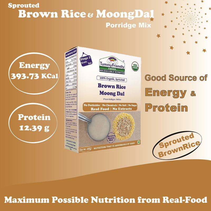 TummyFriendly Foods Certified 100% Organic Sprouted Brown Rice, Moong Dal Porridge Mix |Excellent Weight Gain Baby Food|Made of Sprouted Whole Grain Brown Rice | 200g Cereal (200 g)
