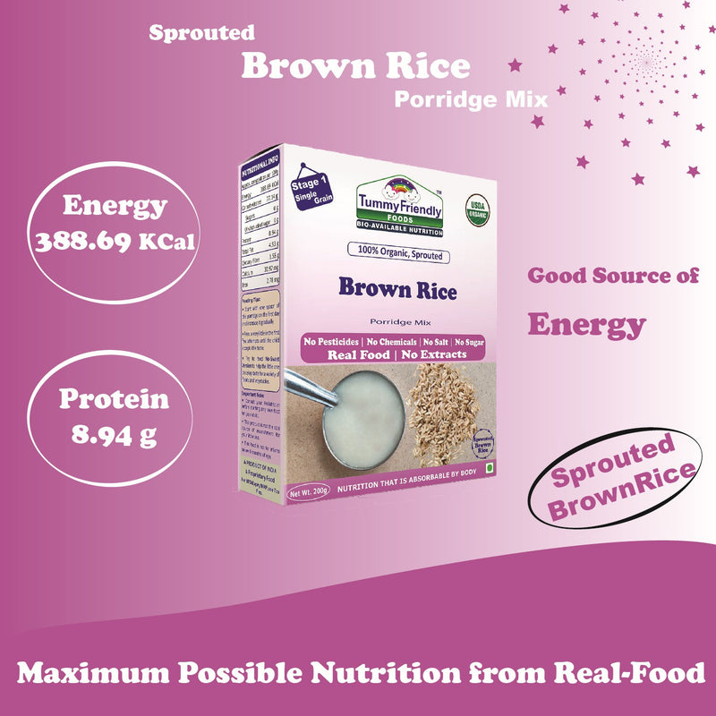 TummyFriendly Foods Certified 100% Organic Sprouted Brown Rice Porridge Mix | Organic Baby Food for 6 Months Old | Excellent Weight Gain Baby Food| Made of Sprouted Whole Grain Brown Rice | 200g Cereal (200 g, 6+ Months)