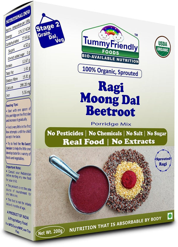 TummyFriendly Foods Certified 100% Organic Sprouted Ragi, Moong Dal, Beetroot Porridge Mix | Organic Baby Food for 6 Months Old | Made of Sprouted Ragi for Baby |Rich in Calcium, Iron, Fibre & Micro-Nutrients | 200g Cereal (200 g)
