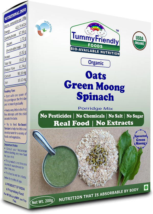 TummyFriendly Foods Certified Organic Oats, Green Moong, Spinach Porridge Mix | Organic Baby Food for 8 Months Old | Made of Sprouted Whole Green Moong | Rich in Iron, Protein & Micro-Nutrients | 200g Cereal (200 g)
