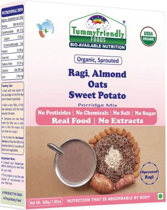 TummyFriendly Foods Certified Organic Multi-Grain, 100% Organic Sprouted Ragi, Oats, Red Lentil, Banana Porridge Mixes ,200g Each, 2Packs Cereal (400 g, Pack of 2)