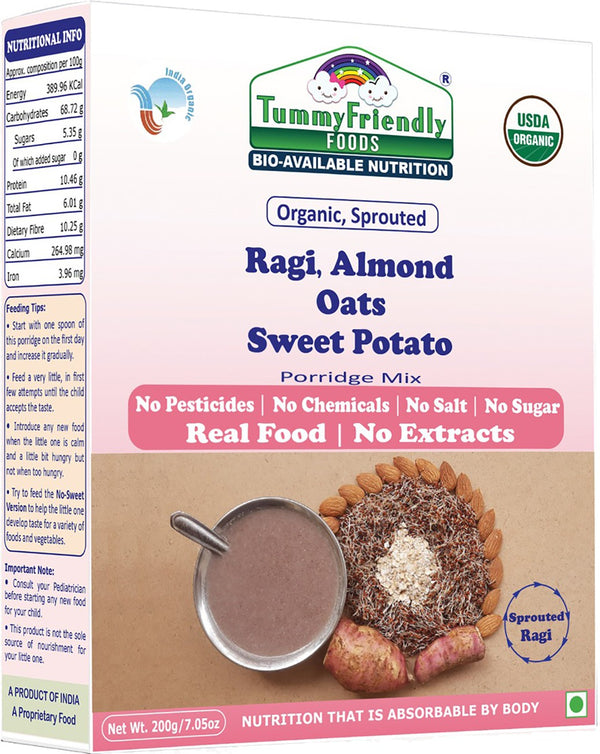 TummyFriendly Foods Certified Organic Sprouted Ragi, Almond, Oats, Sweet Potato Porridge Mix | Made of Sprouted Whole Grain Ragi | Rich in Calcium, Iron, Healthy-Fat, Fibre & Micro-Nutrients |200g Cereal (200 g)