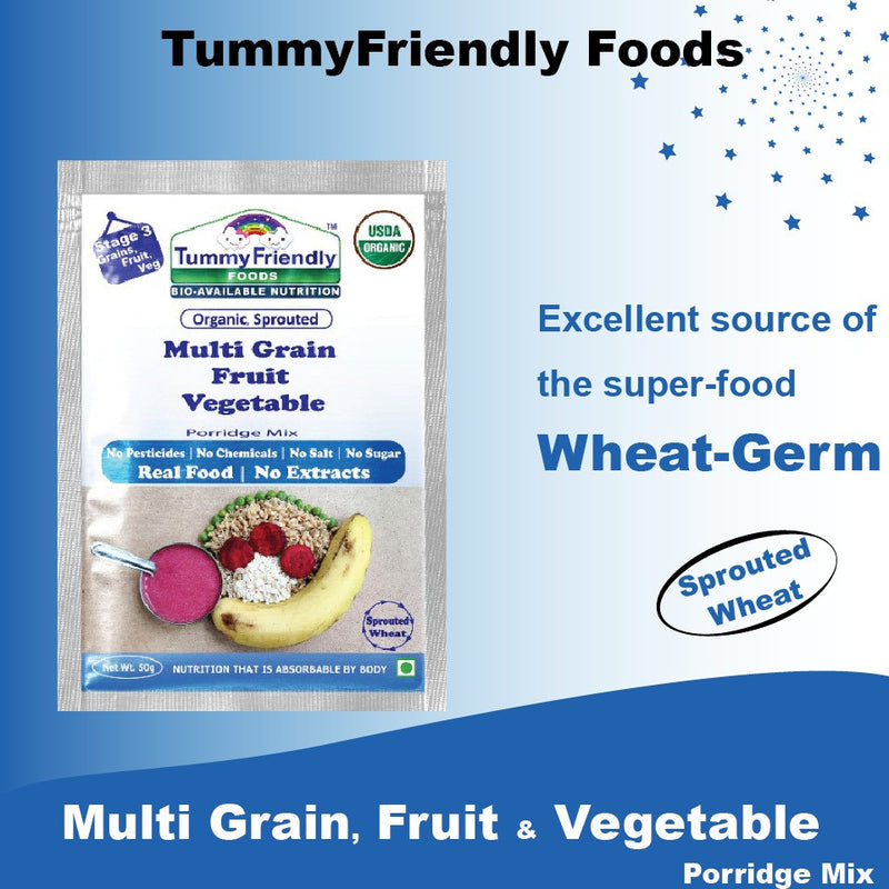 TummyFriendly Foods Certified Organic Stage3 Sprouted Porridge Mixes Trial Packs | Organic Baby Food for 8 Months Old | Sprouted Ragi, Brown Rice, Oats, Sathu Maavu, Pulses, Vegetables & Fruit | 50g Each, 5 Packs Cereal (250 g, Pack of 5, 8+ Months)