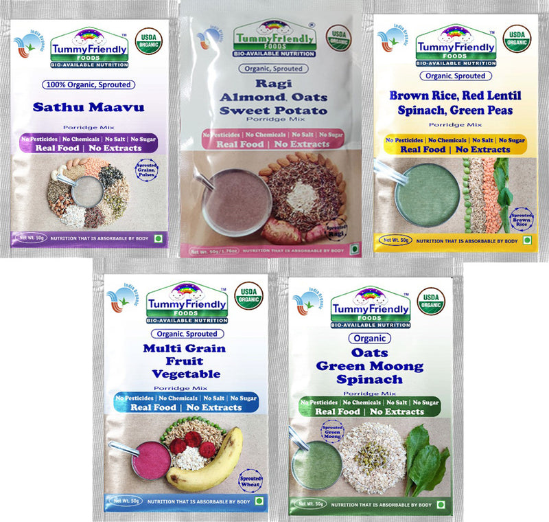 TummyFriendly Foods Certified Organic Stage3 Sprouted Porridge Mixes Trial Packs | Organic Baby Food for 8 Months Old | Sprouted Ragi, Brown Rice, Oats, Sathu Maavu, Pulses, Vegetables & Fruit | 50g Each, 5 Packs Cereal (250 g, Pack of 5, 8+ Months)
