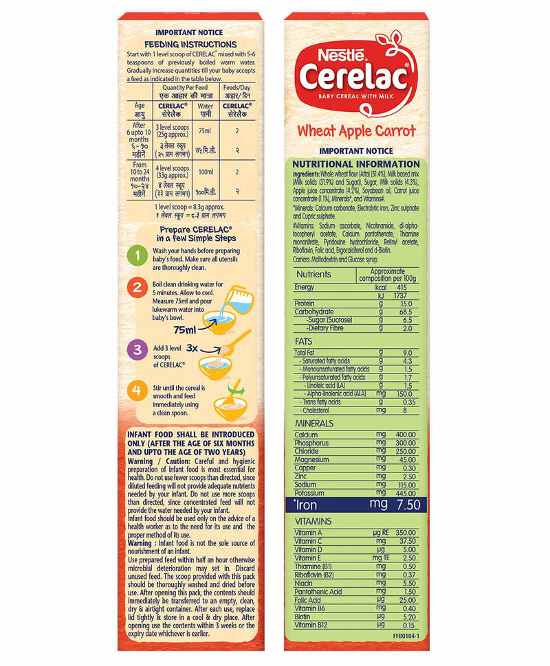 NestlÃƒÂ© CERELAC Baby Cereal with Milk, Wheat Apple Carrot Ã¢â‚¬â€œ From 6 Months, 300g Bag-In-Box Pack - The Kids Circle