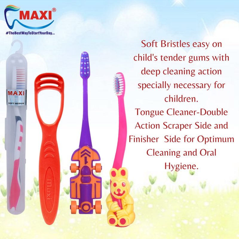 Maxi Family Oral Care Combo Of 6-1 Zoom Car Junior Toothbrush & 1 Bingo Junior Toothbrush & (2 Adult) For You Toothbrush & (2  Tc) 1 Number Tongue Cleaner