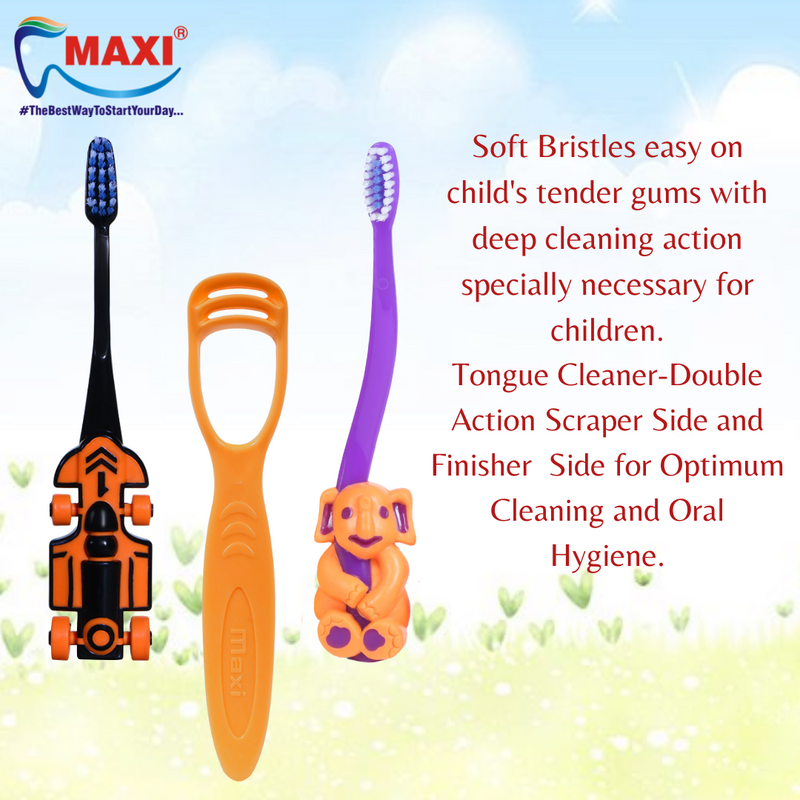 Maxi Oral Care Junior Pack Of 3-1 Zoom Car Junior Toothbrush & 1 Bingo Junior Toothbrush & (1  Tc) 1 Number Tongue Cleaner
