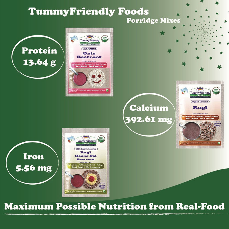 TummyFriendly Foods Certified Stage1, Stage2 Porridge Mixes - Trial Packs | Organic Baby Food for 6 Months Old Baby |6 Packs, 50g Each Cereal (300 g, Pack of 6, 8+ Months)