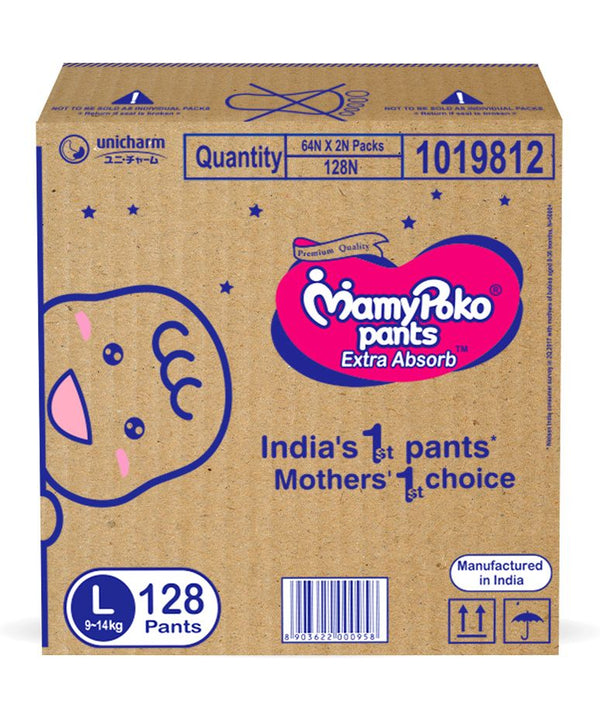 MamyPoko Extra Absorb Pant Style Diapers Large (9-14 Kg) - 128 Pieces