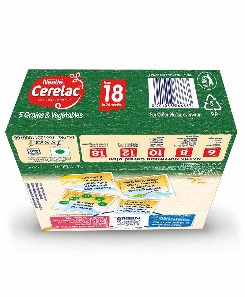 NestlÃƒÂ© CERELAC Baby Cereal with Milk, 5 Grains & Vegetables Ã¢â‚¬â€œ from 18 to 24 Month, Bag-In-Box Pack, 300 g - The Kids Circle