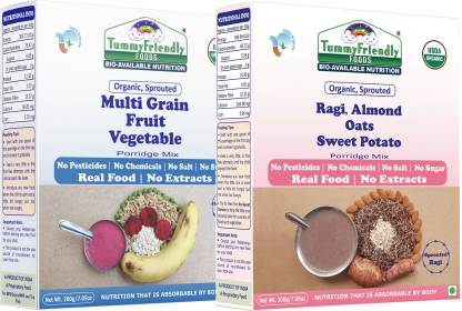 TummyFriendly Foods Certified Organic Multi-Grain, 100% Organic Sprouted Ragi, Oats, Red Lentil, Banana Porridge Mixes ,200g Each, 2Packs Cereal (400 g, Pack of 2)