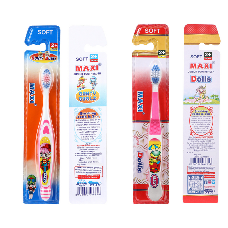 Maxi Oral Care Junior Pack Of 8-(4 Kids) Dolls Junior Toothbrush & (4 Kids) Bunty Bubli Junior Toothbrush